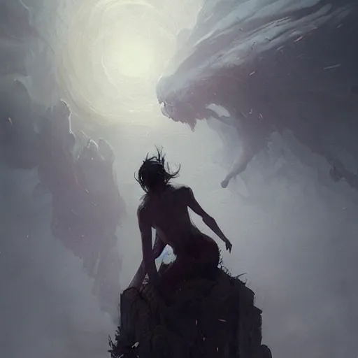 Image similar to a beautiful terrifying pale humanoid giant looms over a tiny human. ethereal fantasy art by greg rutkowski