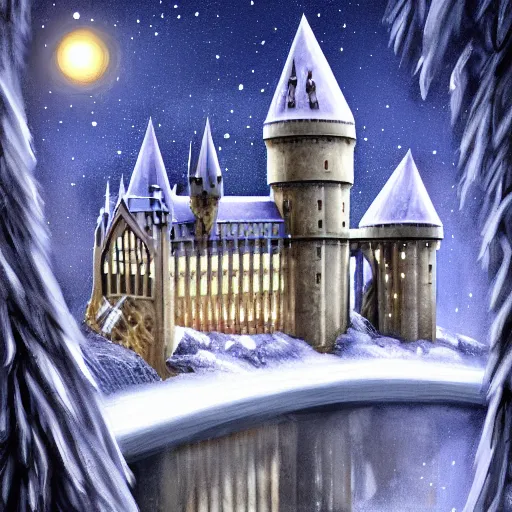 Prompt: hogwarts at night, winter, digital art, detailed, cinematic