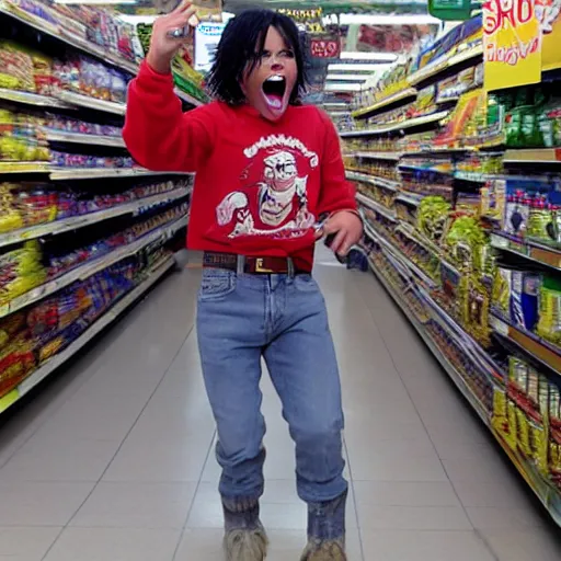Image similar to micheal jackson giant mouth screaming yelling in supermarket