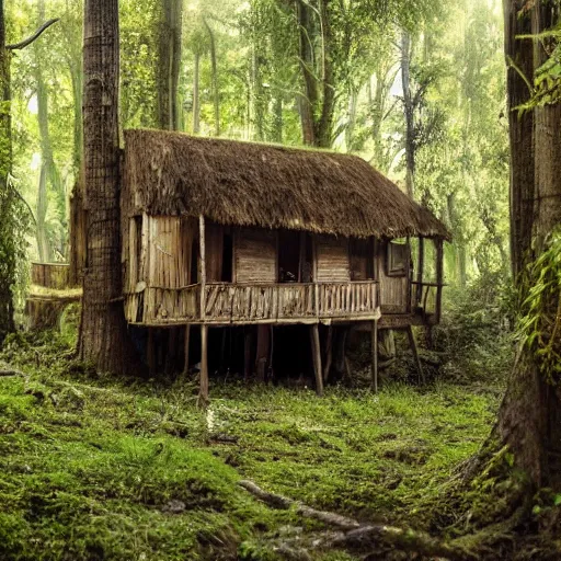 Image similar to a cinematic movie shot of a rustic multi-story ramshackle hut in the magical forest