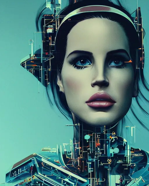 Image similar to portrait of Lana Del Rey as a cyborg. intricate abstract. intricate artwork. by Tooth Wu, wlop, beeple, dan mumford. cyberpunk stepford wife, mulholland drive by david lynch, dune by david lynch, blade runner 2049 by dennis villeneuve, sacred geometry, octane render, trending on artstation, greg rutkowski very coherent symmetrical artwork. cinematic, hyper realism, high detail, octane render, 8k, iridescent accents