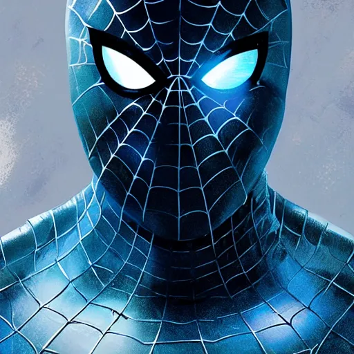 Prompt: moody atmospheric portrait render of an metal blue spiderman by greg rutkowski and marc silvestri made with unreal engine