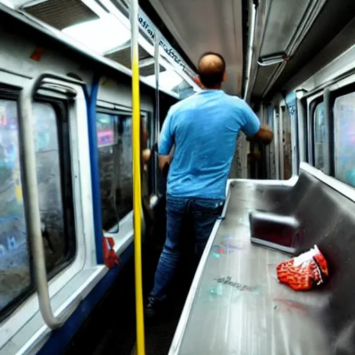 Prompt: a photo of man spraypainting the word » mvin » on a subway car