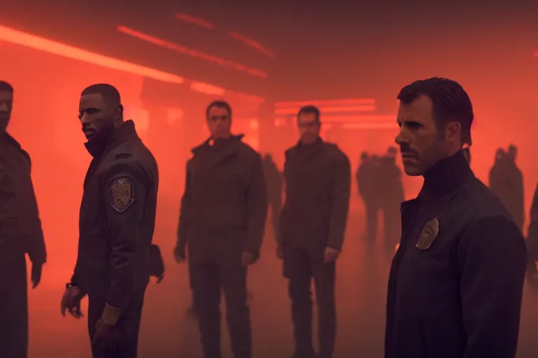 Image similar to film still of closeup diverse futuristic police friends in blade runner 2 0 4 9, cinematic, moody, gritty neon noir by emmanuel lubezki