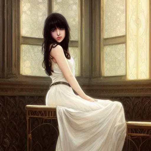 Image similar to a beautiful girl with long dark hair and bangs, wearing a white dress, sitting alone in a cafe, fantasy, intricate, elegant, highly detailed, digital painting, artstation, concept art, matte, sharp focus, illustration, art by Artgerm and Greg Rutkowski and Alphonse Mucha