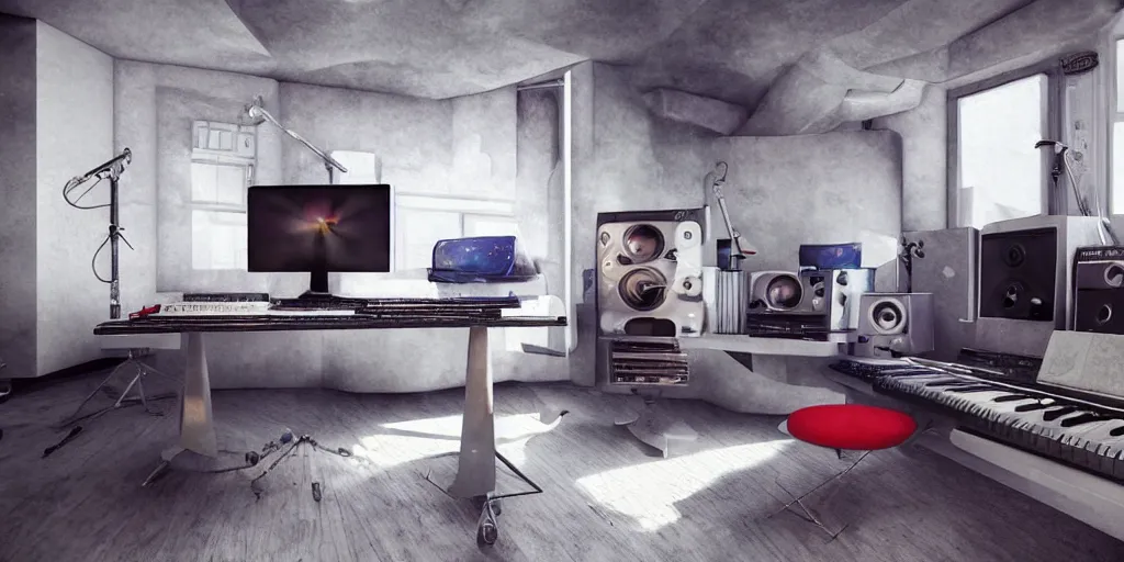 Image similar to a color photograph of a very tidy futuristic musician's studio, trending on artstation, hyperrealism
