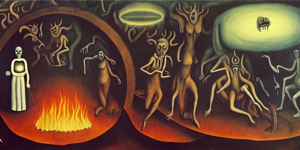 Image similar to trapped on a hedonic treadmill, dark uncanny surreal painting by leonora carrington, dramatic lighting from fire glow, mouth of hell, ixions wheel