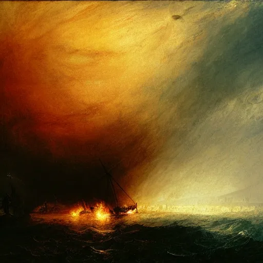 Prompt: a ship burning in the distance during a storm, by william turner, by beksinski, by caspar david friedrich, oil painting, romantism, realism, limited palette