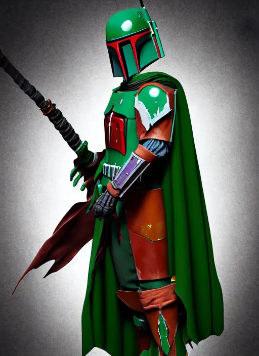 Image similar to arcane wizard x boba fett, fantasy inspired boba fett as a wizard, 3 d digital art, character mashup, epic volumetric lighting, combination art, photorealistic, sharp focus, aesthetic