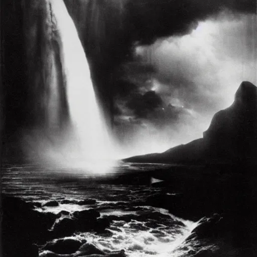 Image similar to dark and moody photo by ansel adams and peder balke, a woman in an extremely long dress made out of waterfalls