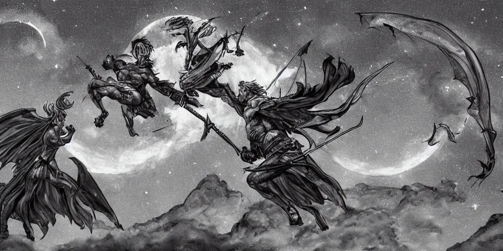 Prompt: archer. dragon. night sky. moon. mountain. dark fantasy. high resolution. epic fight. detailed. digital art. artstation. by kentaro miura