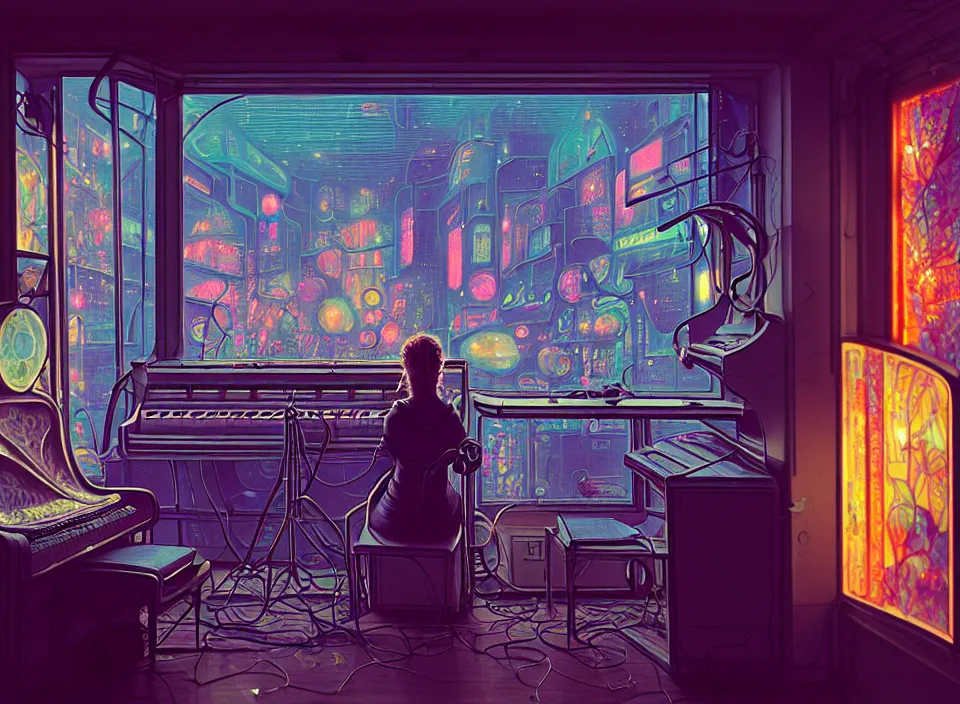 Image similar to telephoto 7 0 mm f / 2. 8 iso 2 0 0 photograph depicting the experience of chrysalism in a cosy cluttered french sci - fi ( art nouveau ) cyberpunk street in a pastel dreamstate art cinema style. ( terrarium, computer screens, window ( street ), leds, lamp, ( ( ( piano ) ) ) ), ambient light.