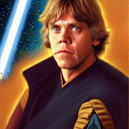 Image similar to a portrait of luke skywalker in a starfleet uniform star trek chief engineer wizard hat and wand. detailed face highly detailed painting by gaston bussiere craig mullins jc leyendecker gustav klimt artgerm greg rutkowski