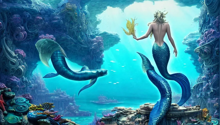 Prompt: a beautiful mermaid looking at the sunken city of Atlantis under water, rays of sunlight, stunning grand architecture, fish and sea creatures in background, art by James Jean, 8k octane beautifully detailed render, post-processing, extremely hyperdetailed, intricate, epic composition, grim yet sparkling atmosphere, cinematic lighting + masterpiece, trending on artstation, very detailed, vibrant colors, Art Nouveau, volumetric god rays, deep underwater scene, sharp focus, smooth, dizzy, moody