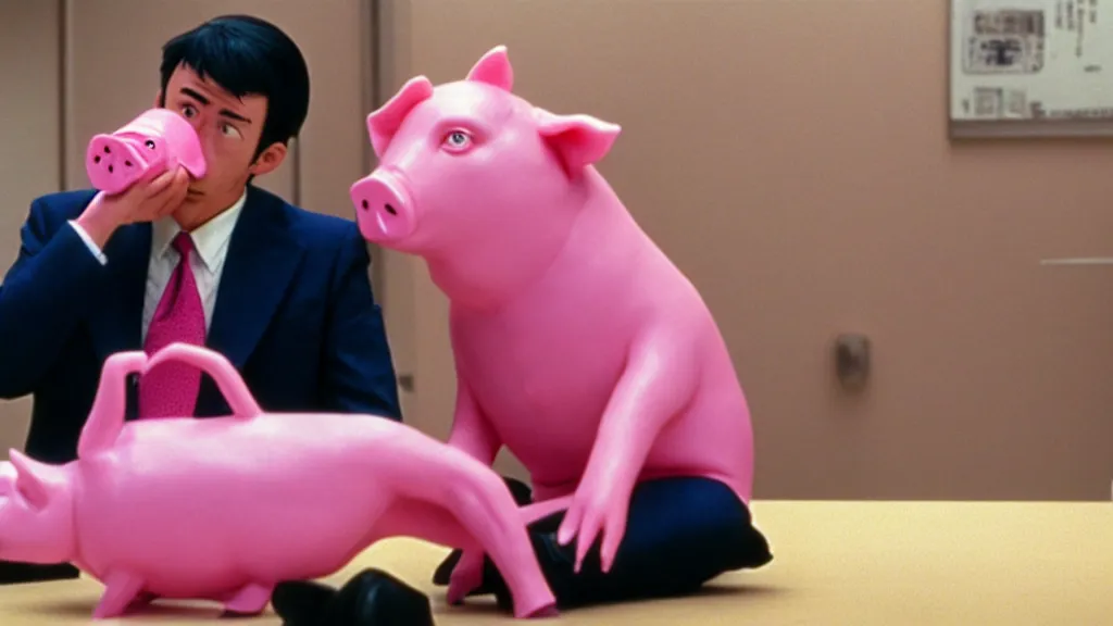 Prompt: a man wearing a pink suit and a pink pig mask sitting in an office, film still from the an anime directed by Katsuhiro Otomo with art direction by Salvador Dalí, wide lens