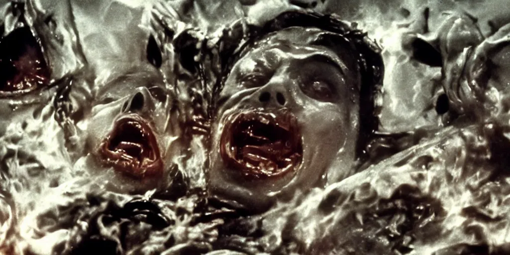 Image similar to filmic closeup dutch angle movie still 4k UHD 35mm film color photograph of 3 doctors burning alive inside of a science lab, melted and charred flesh, screaming in agony, in the style of a 1980s horror film