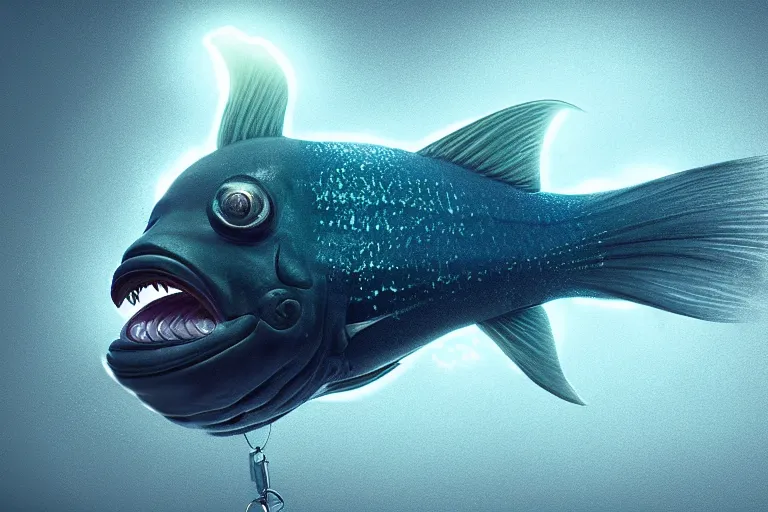 Image similar to Professional studio portrait of a deep sea fish with light dangling from head, hyperrealistic, concept art, illustration, 8k, cinematic, digital painting, very detailed, volumetric lighting, artstation, octane render