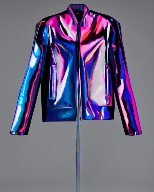 Image similar to an award winning fashion photograph of Balenciaga's techno jacket by Catherine Opie and Demna Gvasalia, cyberpunk, futuristic, Bladerunner 2049, dazzle camouflage!, chromatic, pearlescent, prismatic, dayglo pink, dayglo blue