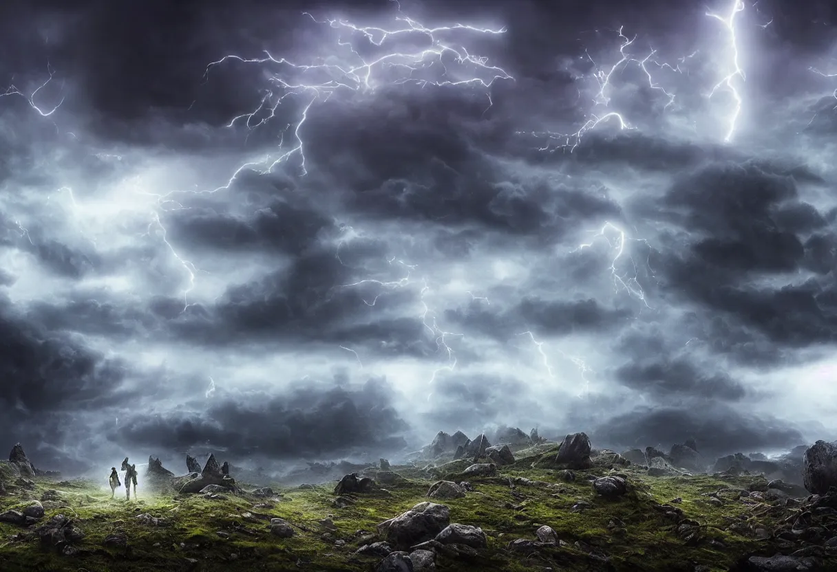 Image similar to Photorealistic epic misty landscape with magical floating rocks, psychedelic glowing runes, stones falling from the sky, with ominous storm clouds, a gentle rising mist. occult photorealism, UHD, amazing depth, cinematic lighting, epic scale, glowing rich colors, powerful imagery, concept art