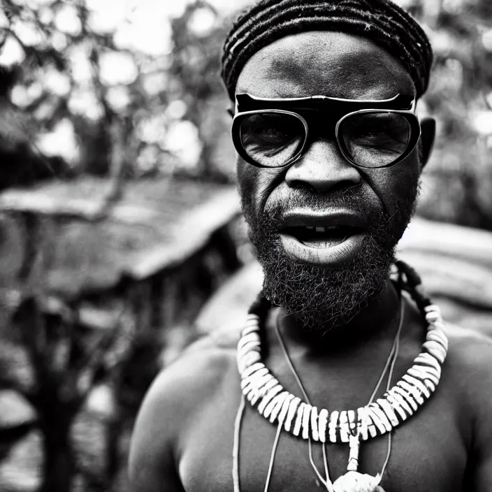 Prompt: an analogue photo of an Tribal Igbo man wearing a futuristic mech eyewear, national geographic, black & white, 35mm, f/1.4,