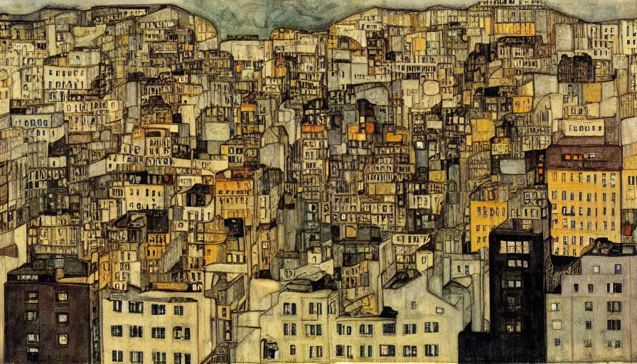 Prompt: scientific illustration of the city of san francisco, egon schiele portrait style