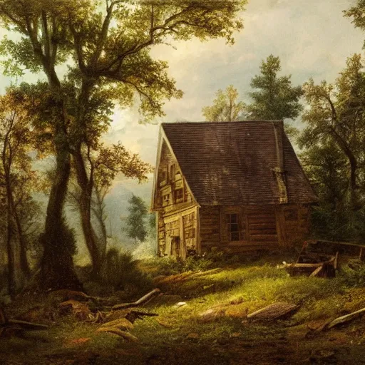 Image similar to a painting of a eerie cabin in the middle of the woods in the style of andreas achenback