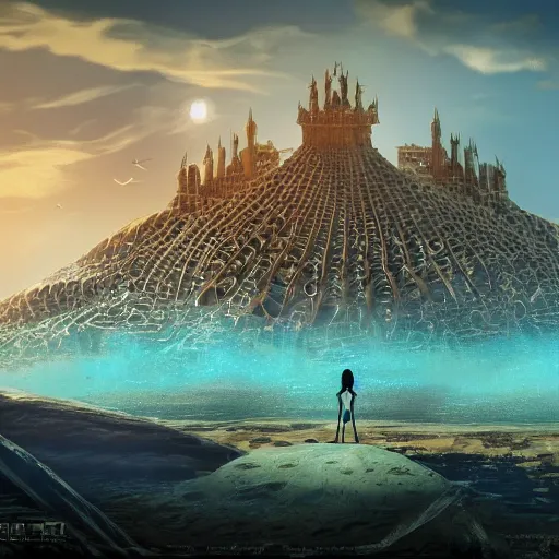 Image similar to establishing shot of atlantis, buildings made of shells with arabic patterns, modern mermaid standing on top of the hill against the morning sun, cinematic composition, concept art, artstation