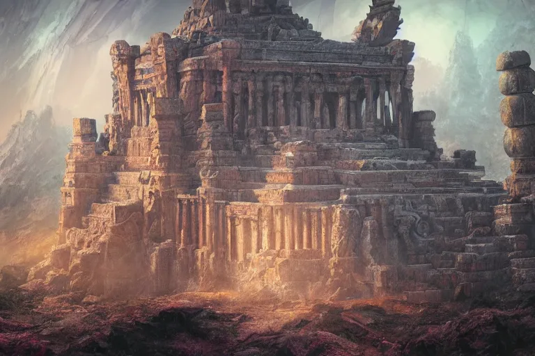 Prompt: the lost ancient temple, in the style of stephan martiniere and vicente segrelles, trending on artstation, back lighting tilt - shift cottagecore, abstract illusionism, movie poster, creature concept art, precisionism