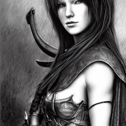 Image similar to hyper realistic pencil drawing of tifa lockheart as an viking warrior princess cloak, fantasy, dark, stunning, detail, sharp