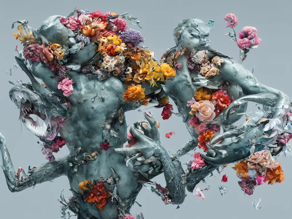 Image similar to a sculpture of ocean shark intertwined, a lovely cornucopia of flowers and human body parts, body parts, highly detailed, octane render, cinematic, shock, sharp focus