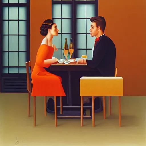 Prompt: woman and man at a restaurant by kenton nelson