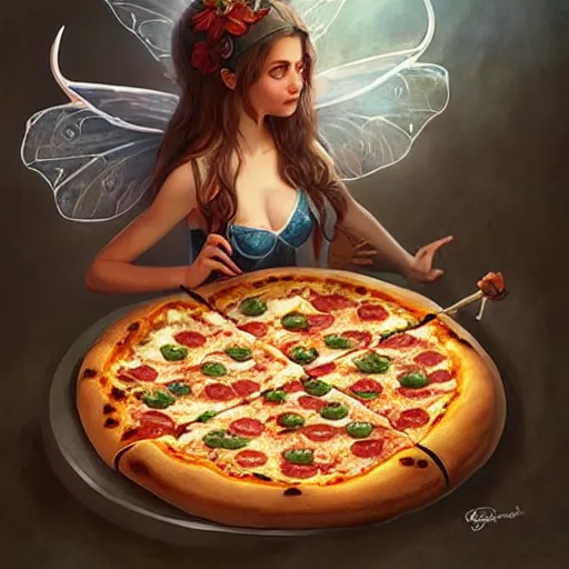 Image similar to a pizza with a fairy head topping, fantasy art, illustration, amazing detail, in the style of greg rutkowski, artgerm, cgsociety