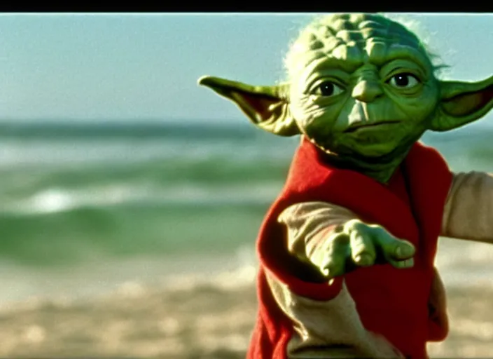 Image similar to a film still of yoda in baywatch 1 9 8 9