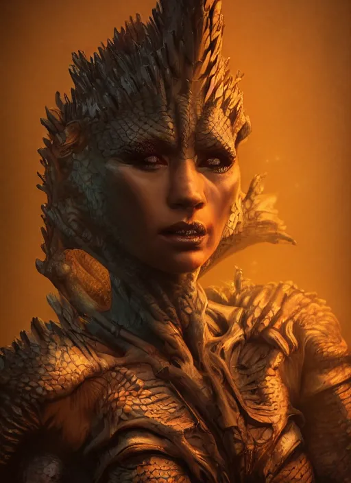 Prompt: A fantasy comic book style portrait painting of a humanoid lizard, dressed as Joan of Arch. Atmospheric dark fortress, unreal 5, DAZ, hyperrealistic, octane render, RPG portrait, ambient light, dynamic lighting