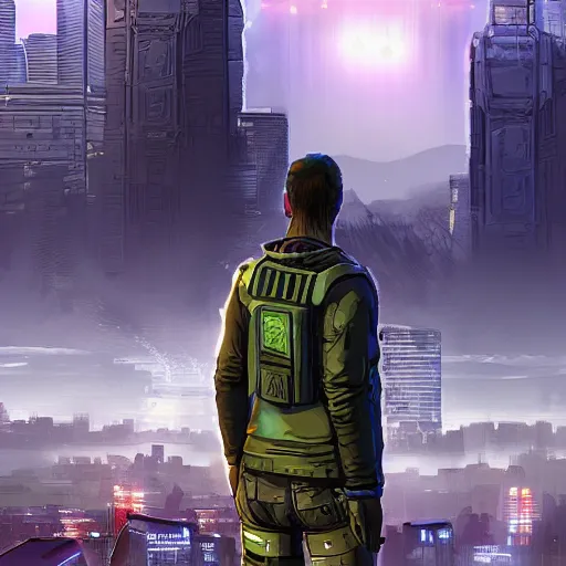 Prompt: The armed sole survivor stands on the hill watching a Apocalyptic city on a clear stars night, cyberpunk digital art