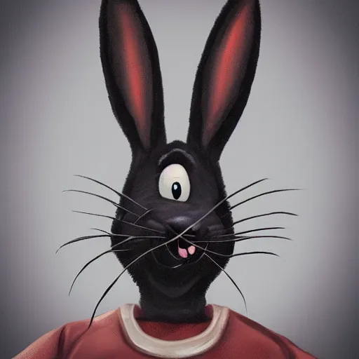 Image similar to A extremely highly detailed majestic hi-res beautiful, highly detailed head and shoulders portrait of a scary terrifying, horrifying, creepy black cartoon rabbit with scary big eyes, earing a shirt laughing, hey buddy ole pal, let's be friends, in the style of Walt Disney