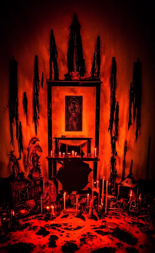 Prompt: black magick altar, demonic shrine, psycho magick fuck it insane, looks like witchcraft tarot photoluminescent but cant seem to confirm, liquid shadows engulf, cinematic lighting, psychedelic photoluminescent, various refining methods, micro macro autofocus, ceremonial ritual, award winning photo, devianart craze