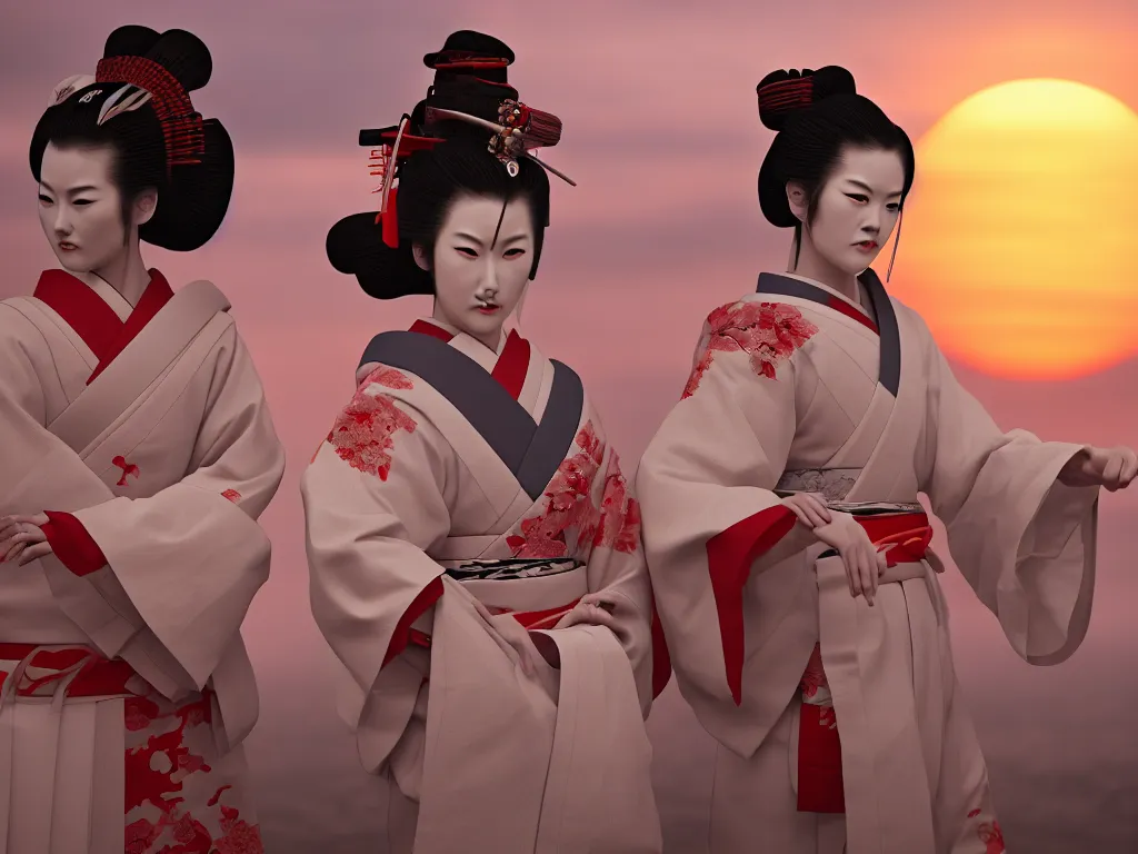 Prompt: samurai and geisha stand opposite each other against the backdrop of the setting sun, japanese style, ultra - realism, artstation, wow it is beautiful, sharp focus, ultra detailed, 8 k, dramatic