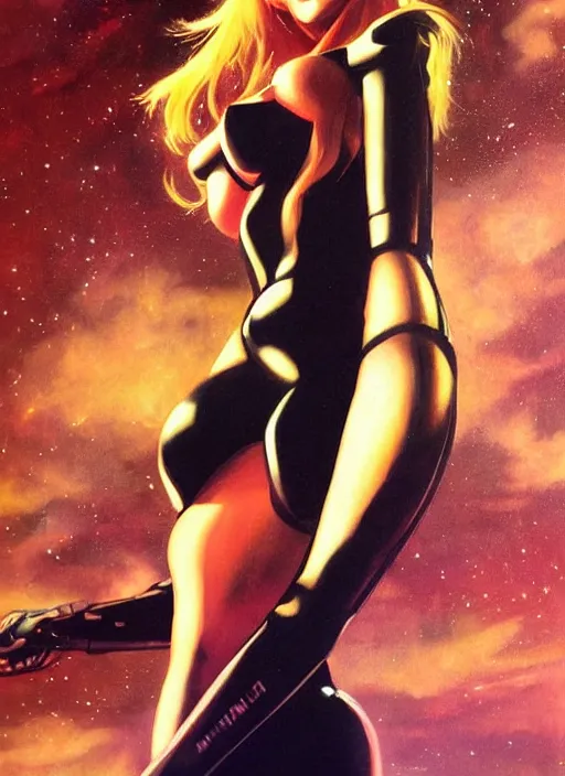 Prompt: Amouranth by Vincent Di Fate, rule of thirds, seductive look, beautiful, in intergalactic multiversal hq