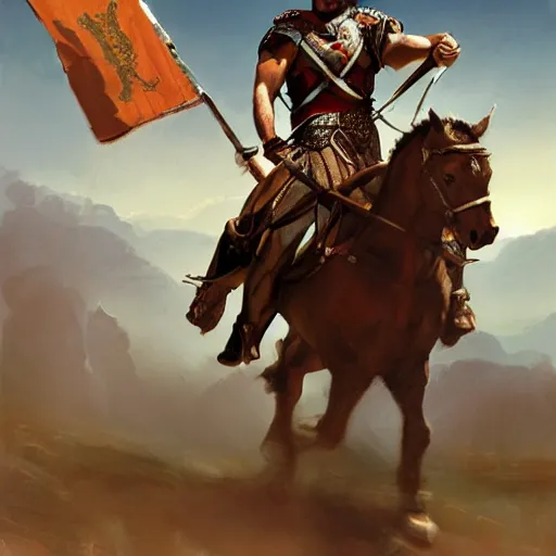 Image similar to gladiator mounted on horseback and carrying the flag of the cross of saint andrew on top of a hill, key art by craig mullins, bloom, dramatic lighting, cinematic, high details