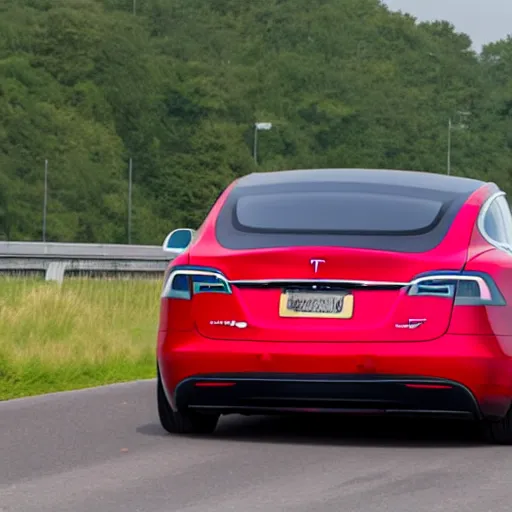 Prompt: A red Tesla Model S on the autobahn with a huge black smoke coming from the rear