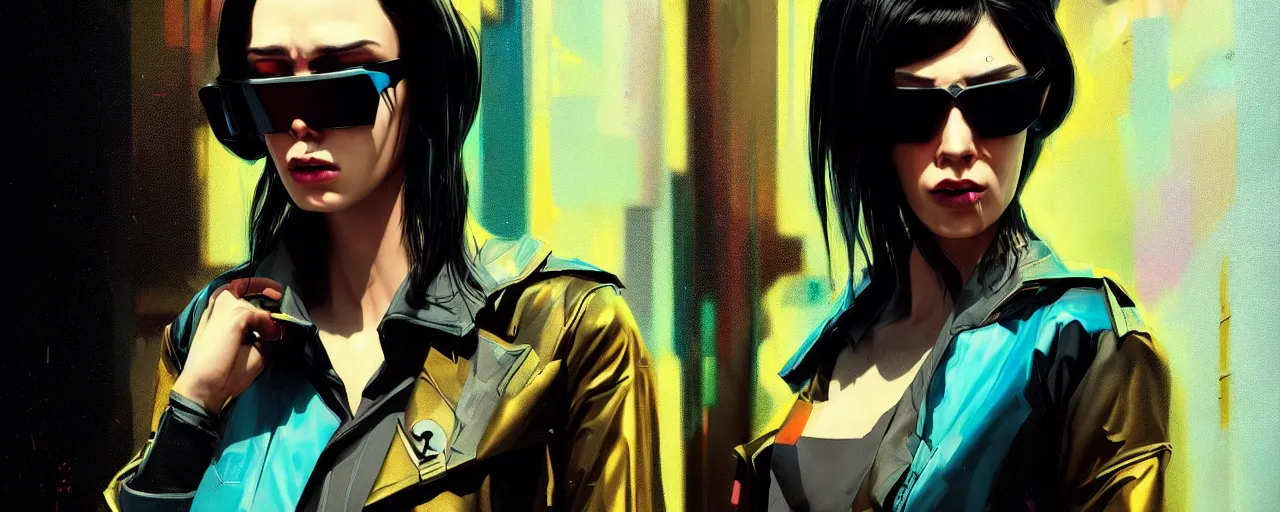 Prompt: duotone cyberpunk illustration 3 / 4 portrait of dark hair badass woman with silver sunglasses eyes, trinity matrix style, dark tech noir volumetric lighting. golden ratio accidental renaissance. by sachin teng and sergey kolesov and ruan jia and heng z. graffiti art, scifi, fantasy, hyper detailed. octane render. concept art. trending on artstation