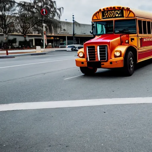 Prompt: Photo of a school bus going to a mall, realistic