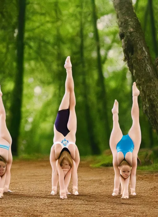 Image similar to a beautiful detailed photo of a group of girls doing gymnastics in the forest, realistic, f 8, 4 k hd wallpaper