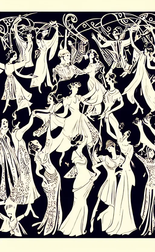 Prompt: “Illustration of a party with people dancing in luxurious house with cocktail glasses in their hands. Art Nouveau style. Printed on grainy paper.”