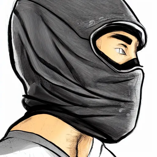 Image similar to a highly detailed headshot portrait of a man wearing a balaclava with a hoodie concept art