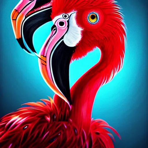 Image similar to developing into a feathered flamingo, covered in feathers, wings, flight, surreal, fantasy, intricate, surgeon, doctor, operation theater, elegant, dramatic lighting, emotional, symbolic metaphor, highly detailed, lifelike, photorealistic, digital painting, artstation, concept art, sharp focus, illustration