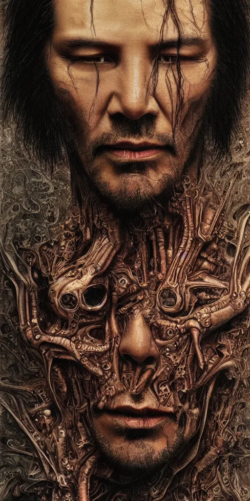 Prompt: portrait of keanu reeves, hyperdetailed, nightmare, abomination, ultrarealistic, by h. r. giger and zdislaw beksinski, science fiction, alien, religious art, mandelbrot fractal, trending on deviantart