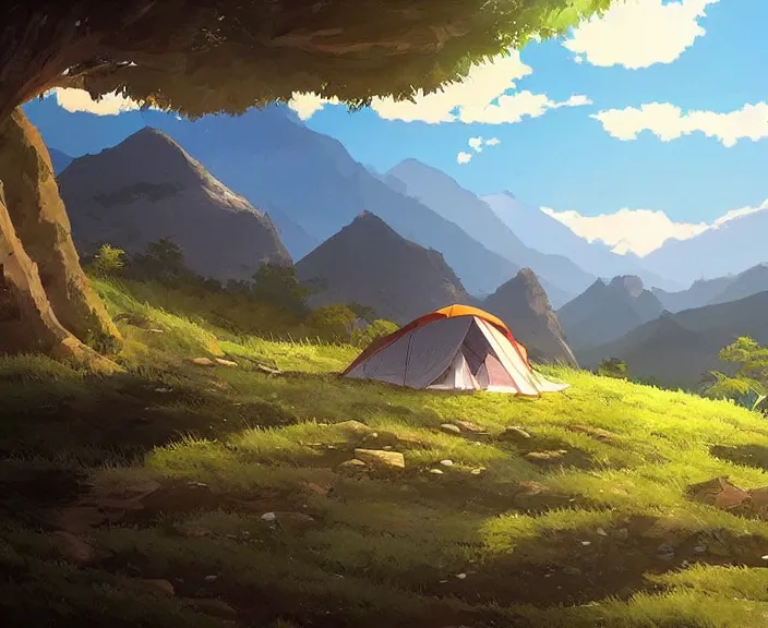 Image similar to A tent built on top of a very large mountain, peaceful and serene, incredible perspective, soft lighting, anime scenery by Makoto Shinkai and studio ghibli, very detailed