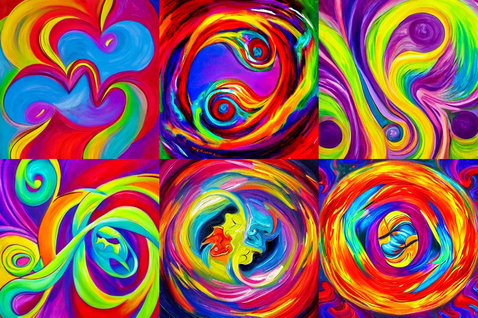 Prompt: This painting is a celebration of love in all its forms. It shows two lovers entwined in a passionate embrace, surrounded by a swirling vortex of energy. The colors are vibrant and alive, symbolizing the power and intensity of love. The painting conveys a sense of movement and dynamism, conveying the idea that love is a force that can change the world
